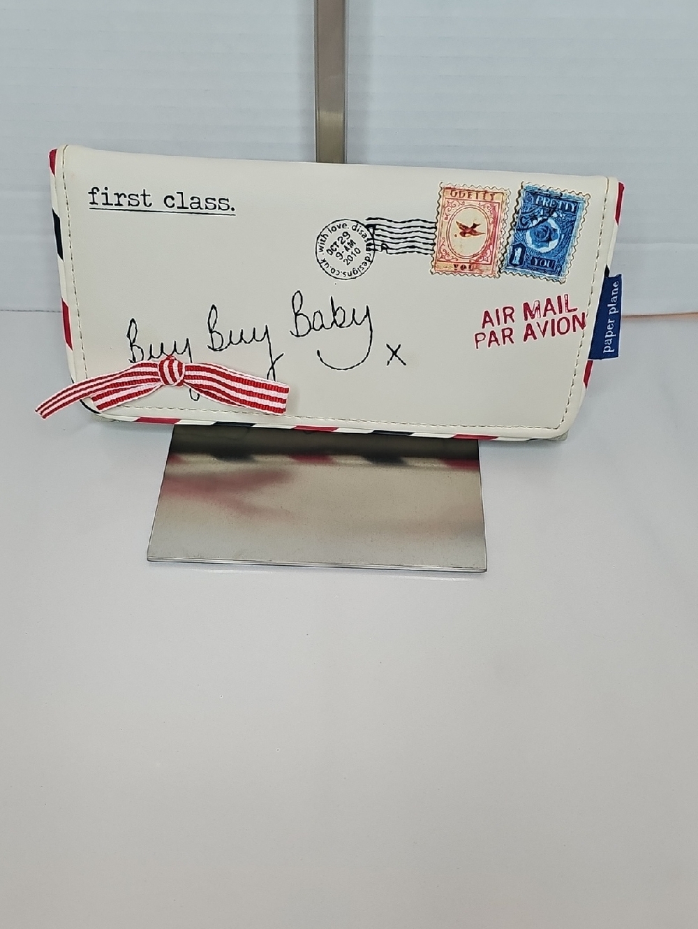 Paper Plane White 'Air Mail' Zip Wallet with Red Ribbon Detail